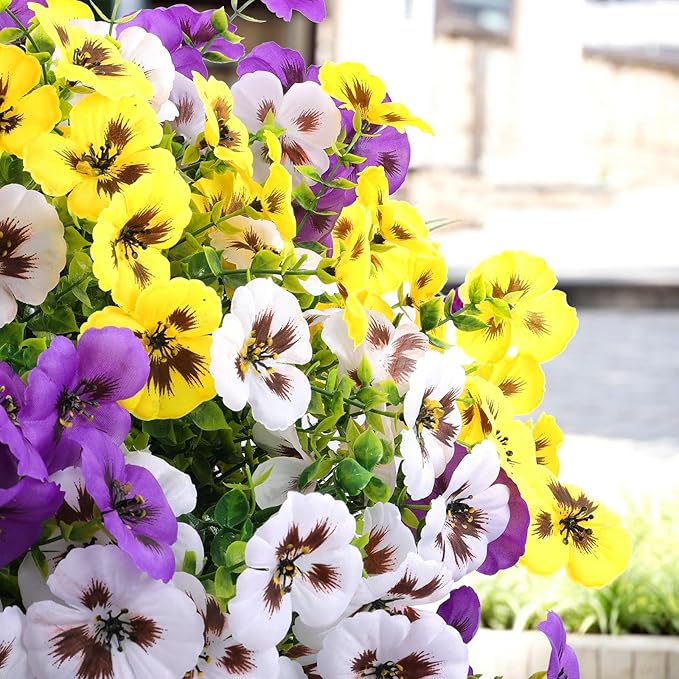 36 Pcs Artificial Fake Pansy Flowers for Outdoor, Faux Silk Pansies Spring Flowers for Outside for Planter Front Door Porch Yard Patio Window Box Home Decor (36, Purple, Yellow, White)