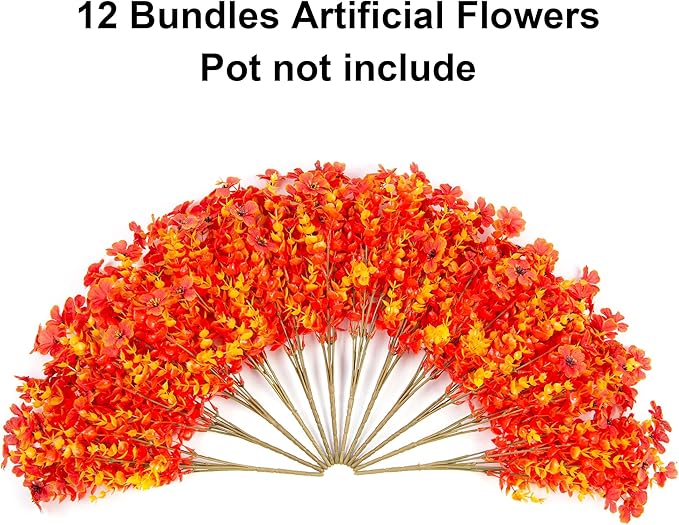HyeFlora Artificial Fall Flowers Faux Mums for Outdoor Indoor Garden Home Decoration, Faux Flower Daisy with Eucalyptus Leaves Fake Plants Greenery Boxwood Porch Patio, 12 Bundles (Sunset)