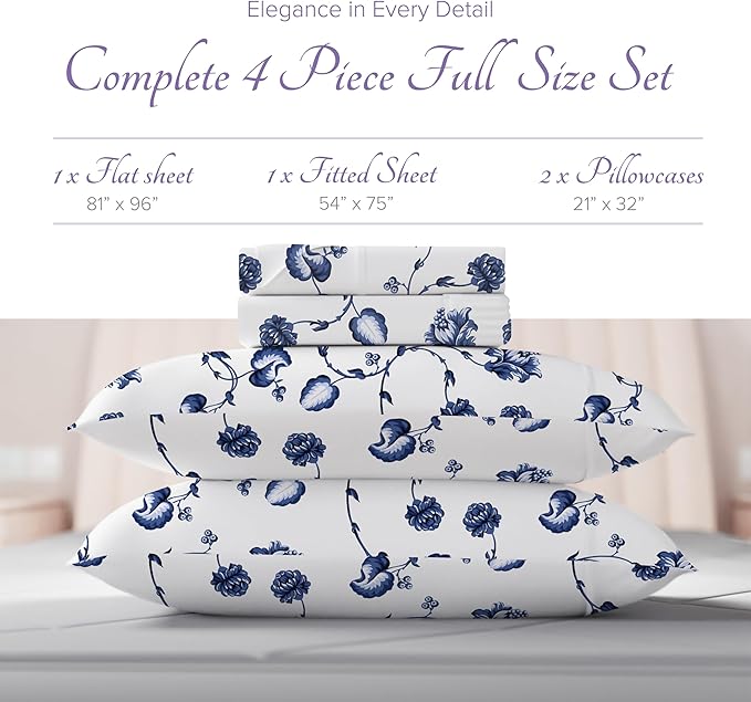 Carressa Linen 100% Egyptian Cotton Printed Bed Sheets - 600 Thread Count 4 PC Full Sheet Set, Hotel Luxury Sateen Bedsheets, 16" Deep Pocket Soft Cooling Sheets for Full Size Bed - Floral Blue