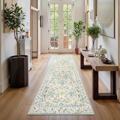 Wonnitar Washable Rug Runner 2'6''x8', Boho Floral Hallway Runner Rug 8ft Long Carpet for Bedroom, Soft Non Slip Ultra-Thin Beige Carpets for Bathroom Kitchen Bedside