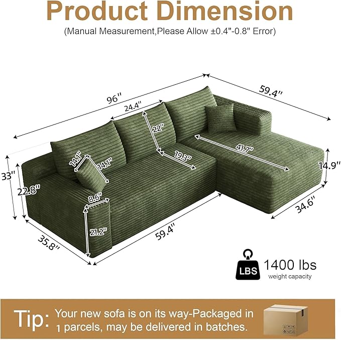 96" Sectional Couches for Living Room Modern Modular Sofa with L-Shape Couchs Upholstered Boneless Couch Deep Seat Sectional Couch with Chaise (Green, 96" Right Facing Chaise+2Seaters)