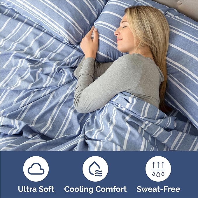 Split King 7 Piece Sheet Set - Cooling & Breathable - Hotel Luxury Bedding Includes Fitted Sheets for Women, Men, Kids & Teens - 1 Flat, 2 Fitted Sheets, 4 Pillowcases w/Deep Pockets - Blue Stripes