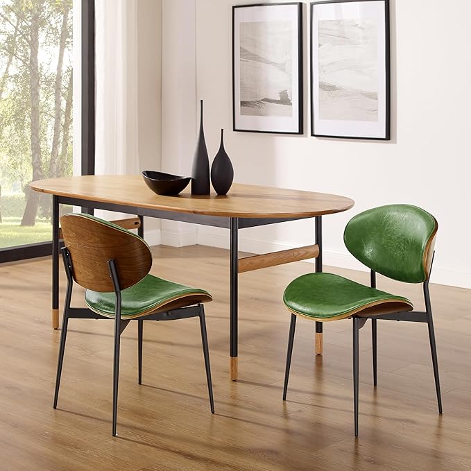 Art Leon Dining Chairs, Set of 2, Walnut Bentwood, Mid Century Modern Chair, Green Faux Leather Kitchen Dining Room Chairs, Accent Chairs for Bedroom