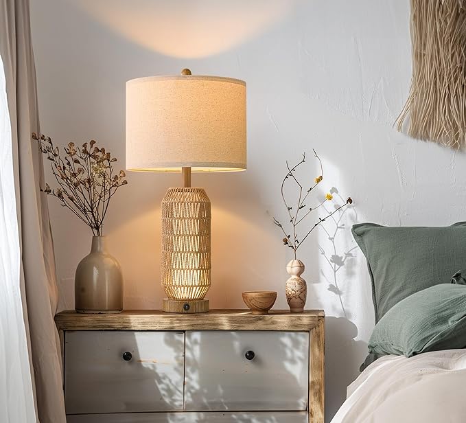 OYEARS 25" Table Lamps Set of 2 with Night Light,Bedside Lamps for Bedroom,Boho Lamps with USB C+A Charging Ports,Farmhouse Table Lamp with Rattan,Frosted Glass,Linen Shade (Wood Grain,Bulb Included)