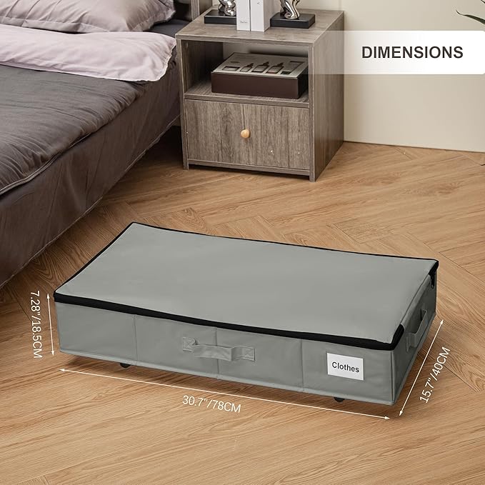 Under Bed Storage with Wheels, 2 Pack Under Bed Storage Containers with Label Holders for Clothes, Shoes and Blankets, Rolling Underbed Shoe Organizer with Cover, Grey (30.71x15.7x7.28 in)