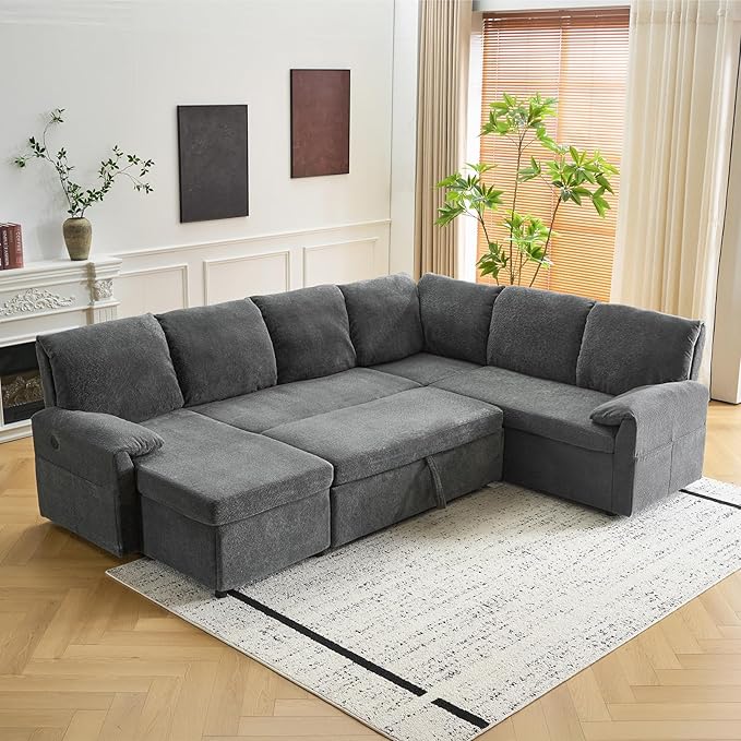 VINGLI Convertible Sofa Bed Couches for Living Room, Sleeper Sofa with Pull Out Couch Bed, Cloud-Like Plush Fleece U-Shape Sectional Couch with Storage Chaise, USB Charging, Side Pockets