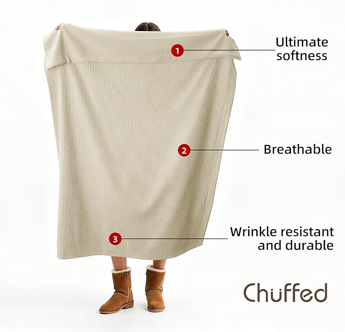 CHUFFED Cotton Waffle Blanket King Size - Plush Milk Velvet & Reversible Waffle Weave,Anti-Static 300Gsm Design，Thick Cozy Soft Winter Blanket for Bed, Couch, Sofa - Beige, 104x90 Inches