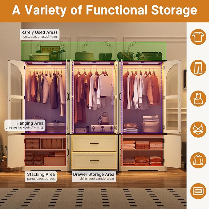 Tall Farmhouse 6 Doors Armoire Wardrobe Closet with LED ,72" Freestanding Arched Wardrobe Closet Cabinet for Bedroom w Glass Doors/Drawers,Wooden Clothing Storage Cabinet,Closets for Bedroom(White)