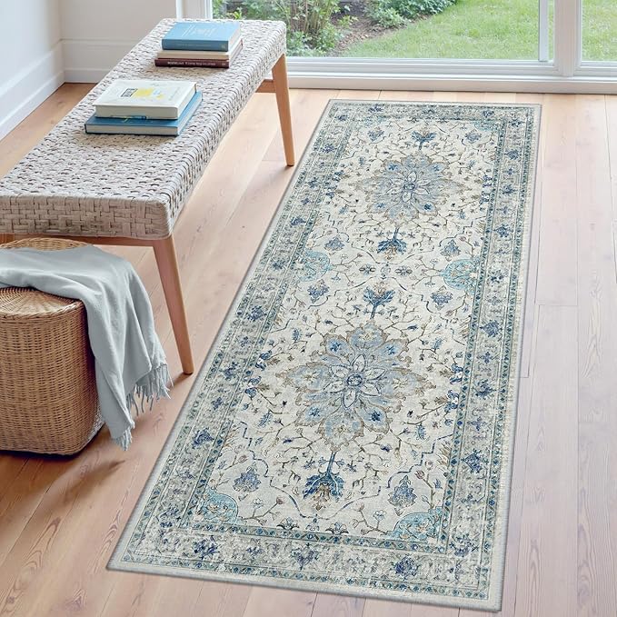 Area Rugs 3'x7' Washable Non-Slip, Floral Vintage Distress Print Pattern Medallion Carpet for Living Room Bedroom Dining Room, Light Blue Navy Beige Gray White