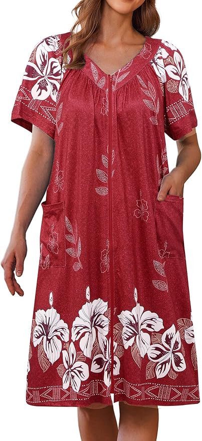 Ekouaer Women Robe Zipper Front Mumu Duster Robes Zip Up Housecoat Soft Sleepwear with Pockets S-3XL