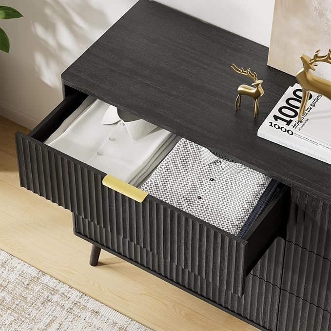 LYNSOM 55" Wide Fluted Dresser for Bedroom with 6 Drawer, Modern Chest of Drawers with Curved Profile Design and Metal Handles, Wood Dresser TV Stand & Storage Organizer for Living Room, Black
