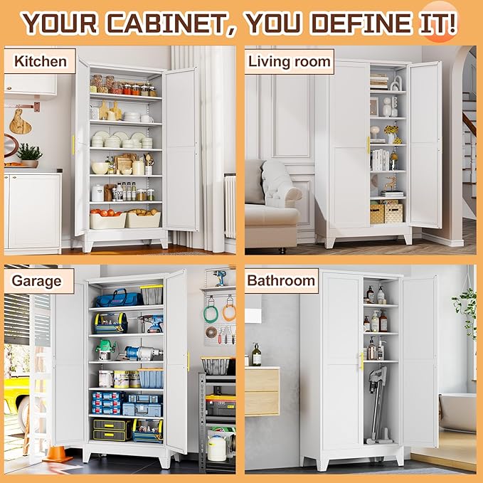75" Metal Kitchen Pantry Cabinet,White Storage Cabinet with Doors and 5 Adjustable Shelves, Cabinet with 2 Metal Handles,Tall Cabinet for Livingroom,Pantry, Bathroom,Kitchen