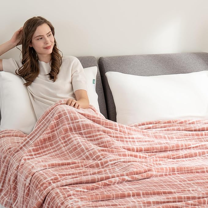 Berkshire Blanket-Classic Heavyweight Soft Printed VelvetLoft® Plush Warm Blanket, Twin Size Soft Fuzzy Blanket for Couch Sofa Bed, Watercolor Plaid Blush, 60in x 90in