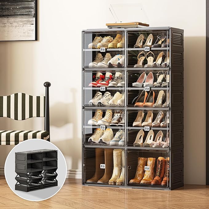 Black Shoe Rack Organizer Cabinet for Closet Entryway,Clear Shoe Storage Boxes Stackable Sneaker Storage with Door Easy Assembly Shoe Cabinet with Lids Large 7 Tiers 28 Pairs