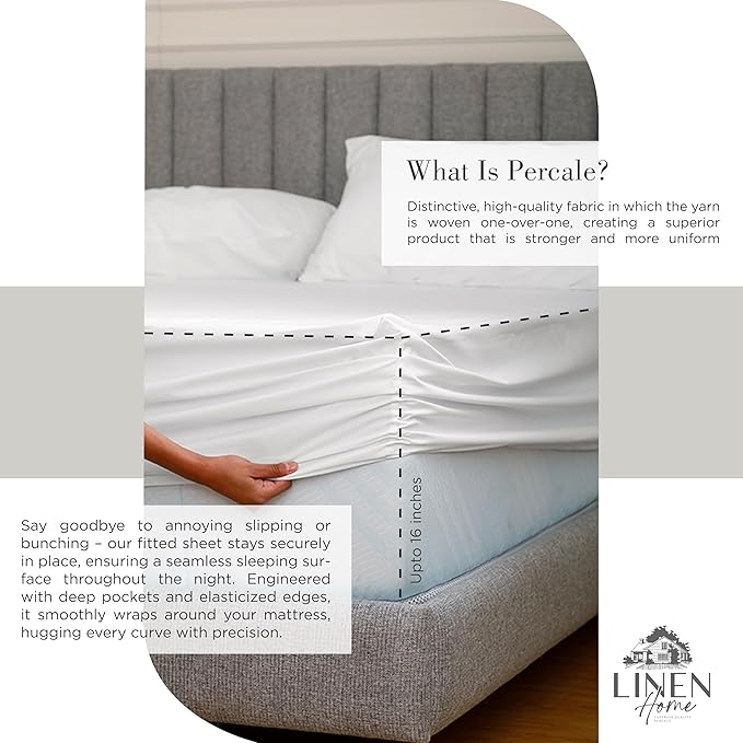 Linen Home 100% Cotton Percale Sheets Twin XL Size, White, Deep Pocket, 3 Pieces Set - 1 Flat, 1 Deep Pocket Fitted Sheet and 1 Pillowcase, Crisp Cool and Strong Bed Linen