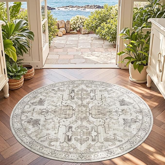 jinchan Round Rug 5ft Area Rug Indoor Vintage Floral Circle 5' Washable Ultra-Thin Low Pile Soft Small Non Slip Distressed Print for Living Room Dining Room Bedroom Entryway Taupe