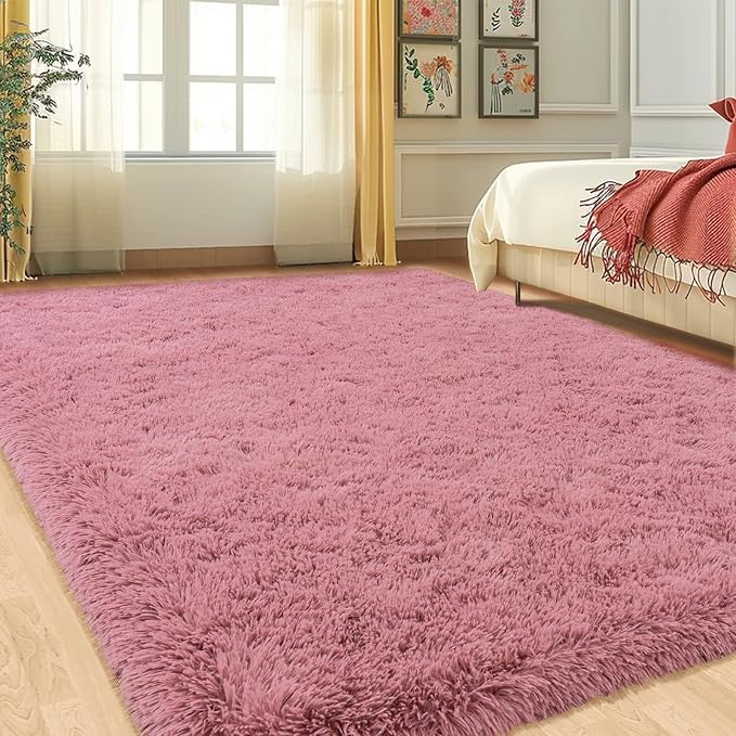 Fluffy Rugs for Living Room, 9x12 Feet Blush Shag Rug for Bedroom Girls Room, Soft Large Fuzzy Plush Carpet for Home Decor