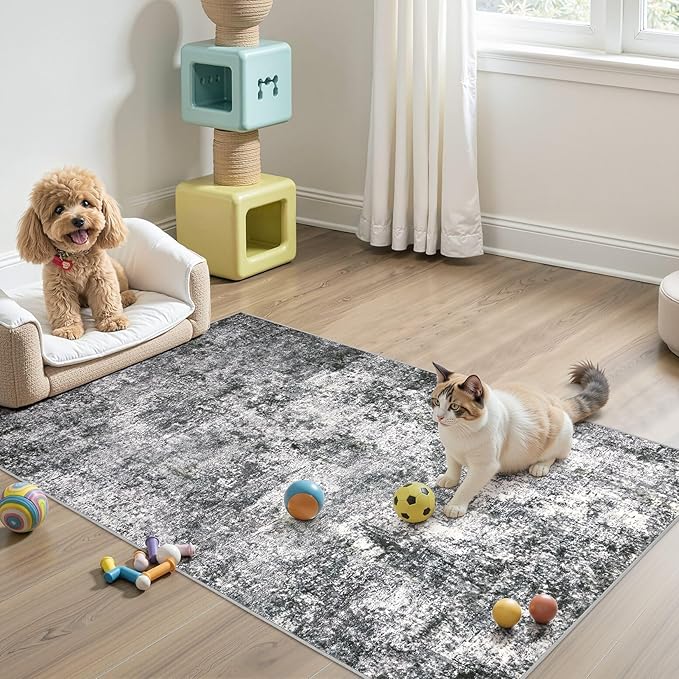 Area Rug Living Room Rugs - 3x5 Large Soft Indoor Neutral Modern Abstract Low Pile Washable Rug Carpet for Bedroom Dining Room Farmhouse Home Office - Grey