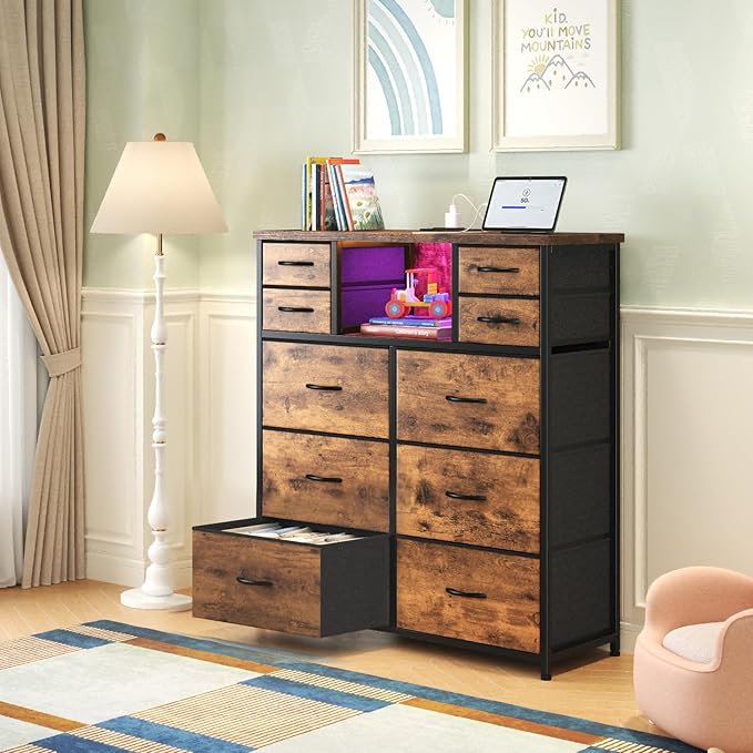 Dresser for Bedroom with 10 Drawers Featuring LED Light and Power Outlet, Fabric Dressers & Chest of Drawers with Open Shelves for Hallway, Living Room, Steel Frame,Wood Top, Rustic Brown