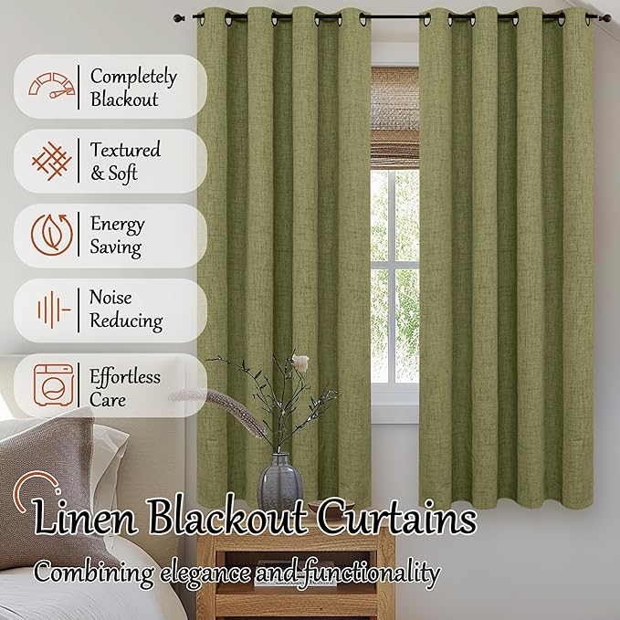 Olive Green 100% Linen Blackout Curtains for Living Room 63 Inch Long 2 Panels, Thermal Insulated Noise Reducing Window Total Black Out Curtains for Bedroom, Each 52x63 Inch 2 Panels