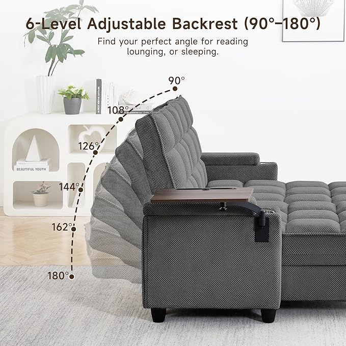 70.9" Chaise Lounge Chair Indoor, Oversized Boucle Upholstered Sofa Bed, Adjustable Backrest Deep Seat Reading Chair, Sofas Couches for Living Room with Storage, Cup Holders & 360° Swivel Side Table