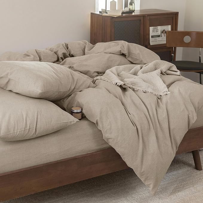 FOSSA Duvet Cover Set 100% Washed Cotton Linen Feel Super Soft Breathable Cozy 3 Pieces Bedding Sets Solid Tannish Linen Grey King