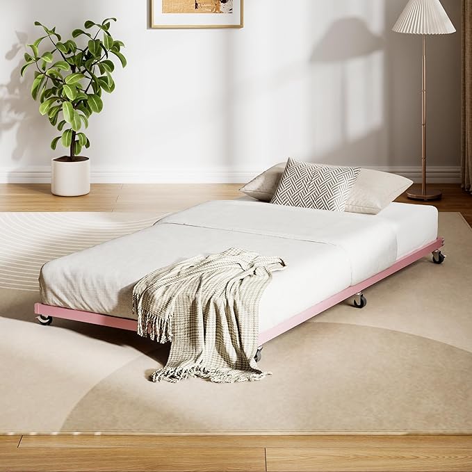 GarveeHome Twin Size Metal Roll Out Trundle Bed Frame with Wheels and Slats Support, Pink