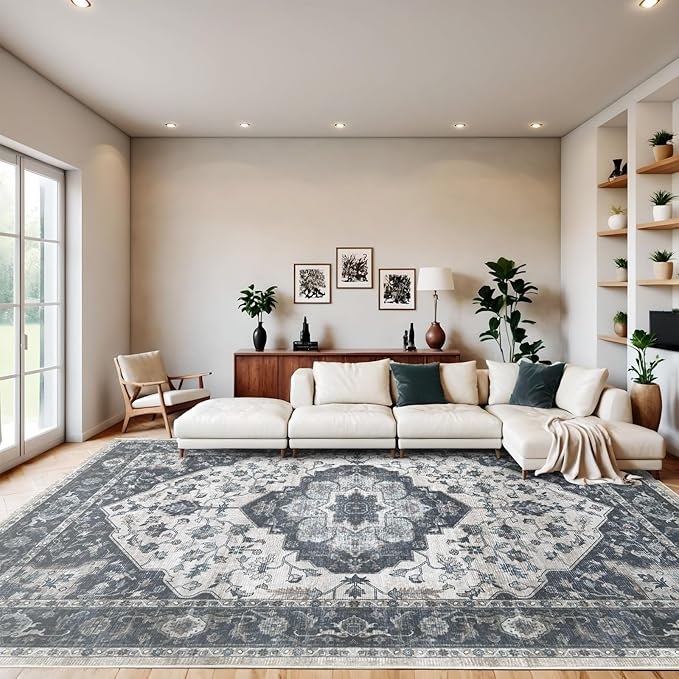 6x9 Vintage Washable Area Rug for Living Room,Low Pile Non Slip Carpet Non-Shedding Area Rug Soft Indoor Stain Resistant Rug Floral Print Mat for Bedroom Dining Room Blue Beige