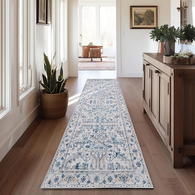 jinchan Lima Runner Rug 2x12 Long Hallway Runner Rug Thin Vintage Washable Kitchen Carpet with Rubber Backing Floral Print Floor Cover Indoor Laundry Room Bedroom Stairway (2x12ft, Blue)