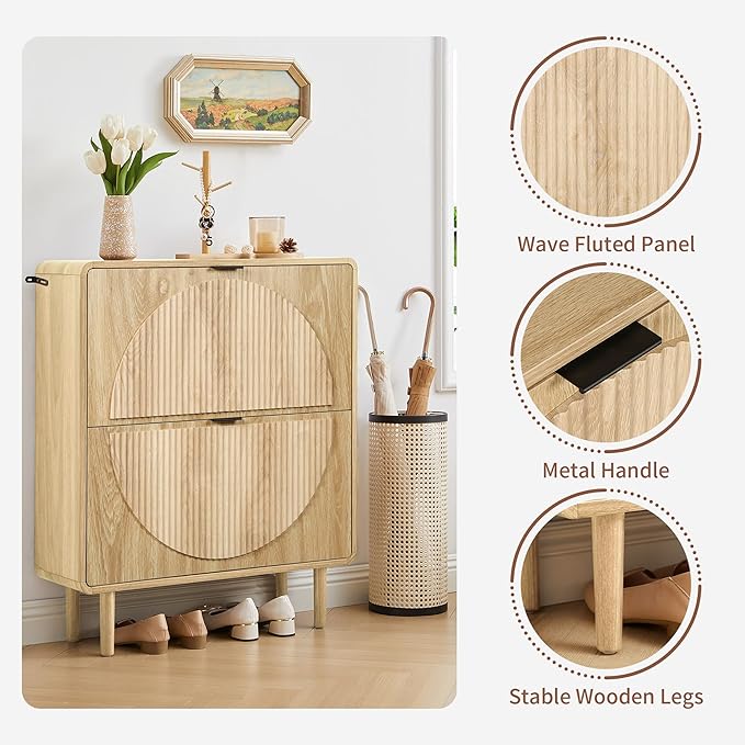 Turtle&Myrtle Modern Shoe Storage Cabinet for Entryway, Narrow Shoe Organizer Cabinet, 2-Tier Flip Down Drawers, Small Freestanding Hidden Wood Slim Shoe Rack,Round Fluted Pattern (Natural)