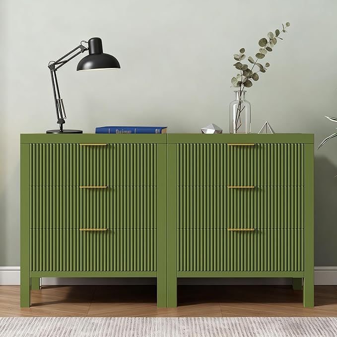 End Table with Storage, Wooden Farmhouse Nightstands with 6 Drawers, Bedside Table - Boho Tall Side Table Accent for Bedroom, Living Room, Green X2
