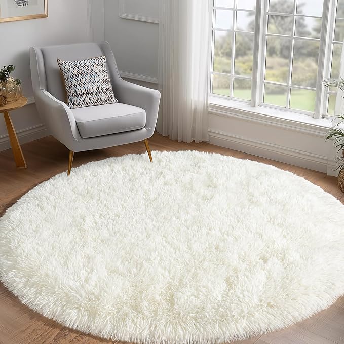 Round White Rug for Bedroom, 4 ft Circle Area Rugs for Living Room, Soft Fluffy Shag Carpet for Teen Girls Boys Nursery Room Dorm Home Decor Aesthetic