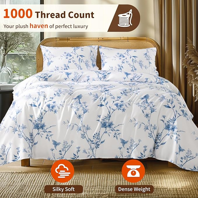 LBRO2M 1000 Thread Count Sheets 100% Egyptian Cotton Bedding Set Floral Queen Size Sheets 16 Inches Deep Pocket Bedding 4 Piece Sets (Queen, Blue Bird)