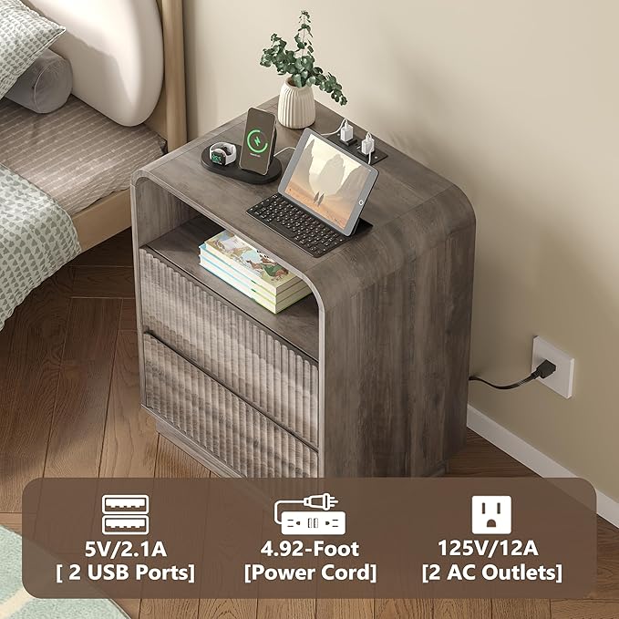 Dresser with 2 Drawers and Charging Station, Fluted Bedside Table with Round Curved Corner, Hidden Handles, 2 AC Outlets and 2 USB Ports, Modern Wood End Table with Open Shelf for Bedroom