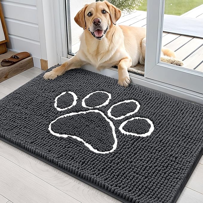 OLANLY Dog Door Mat for Muddy Paws 36x24, Paw Print Design, Absorbs Moisture and Dirt, Absorbent Non-Slip Washable Doormat, Quick Dry Chenille Mud Mat for Dogs, Entry Indoor Entryway Carpet, Dark Grey