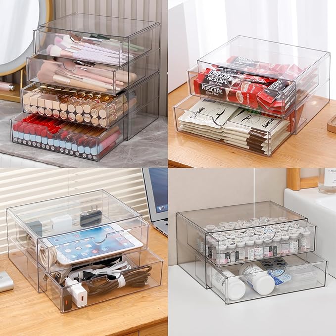 Stackable Storage Drawers, Plastic Storage Bins for Home Office, Bathroom, Kitchen, Pantry, Clear Desk Organizer for Accessories, Marker, Pencils, Books, Art Crafts, Makeup (6 Drawers)