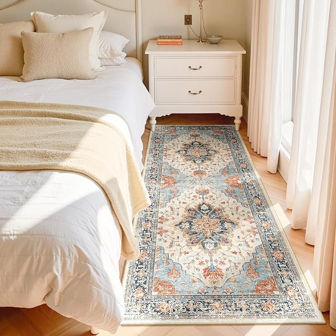 Area Rugs 3'x7' Washable Non-Slip, Floral Vintage Distress Print Pattern Medallion Carpet for Living Room Bedroom Dining Room, Beige Navy Blue Orange Colorful