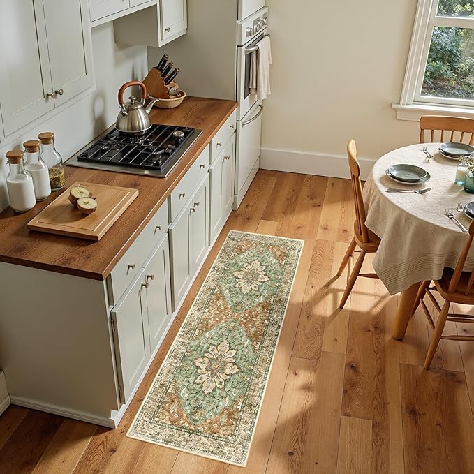 Area Rugs 2'x6' Washable Non-Slip, Floral Vintage Distress Print Pattern Medallion Carpet for Living Room Bedroom Dining Room, Brick Red Rust Neutral Brown Burnt Orange Green