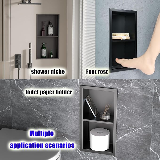 Shower Foot Rest for for Shaving Legs,Double Bathroom Selves Niche Insert for Footrest,Foot Holder Bathroomr,Stainless Steel 304，Matte Black,12.2 in x 4.8 in x 3.9 in