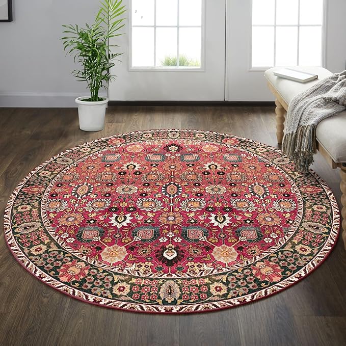 vivorug Round Rug 6ft Vintage Round Area Rug Non-Slip Indoor Carpet for Living Room Bedroom Entryway, Stain Resistant Home Decor Circle Rug, Cherry Red/Spice