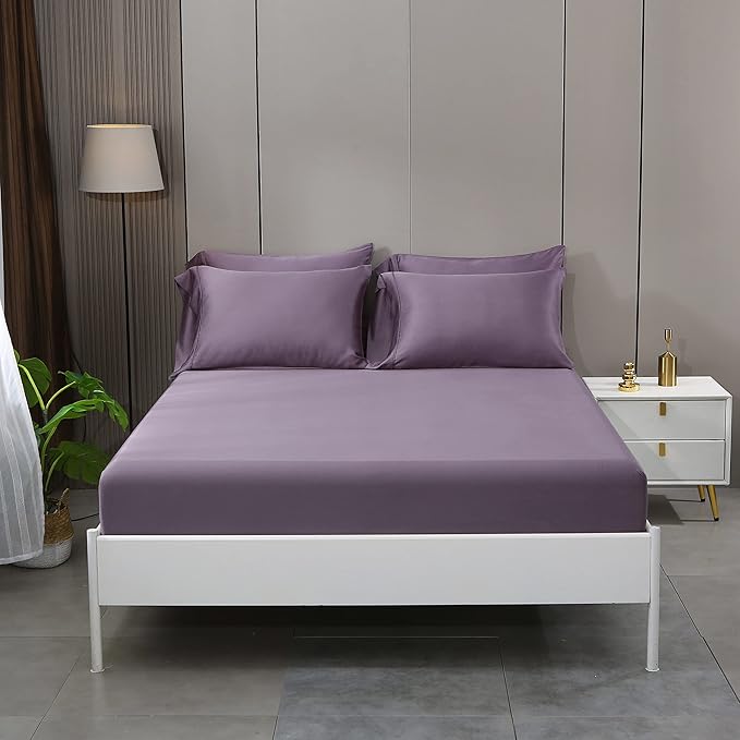 Queen Sheets, Rayon Derived from Bamboo, Cooling Bed Sheets Set,Deep Pocket Up to 16", 4 Pieces Silky Soft, Breathable Bedding Sheets & Pillowcases(Dusty Purple,Queen)