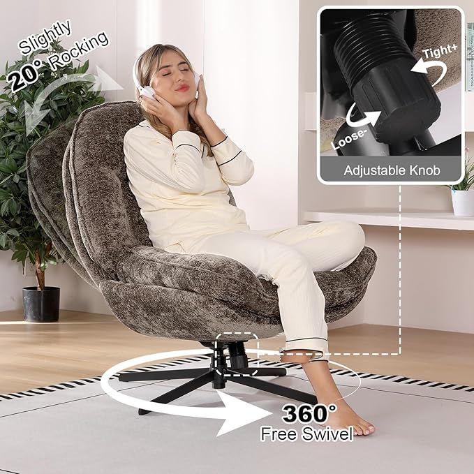 360°Free Swivel Accent Chair Set of 2 for Living Room, Slightly 20°Rocking, 24" High Backrest Upholstered Armchair, Ergonomic Design, Chenille Breathable Soft Fabric Modern Single Sofa, Brown
