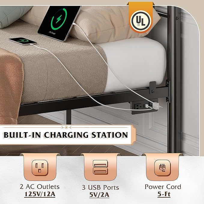WLIVE Metal Platform Bed Frame, Queen Bed Frame with Headboard, Bed Frames with LED Lights and Charging Station, 1500LBS Mattress Foundation, Under Bed Storage, No Box Spring Needed, Black