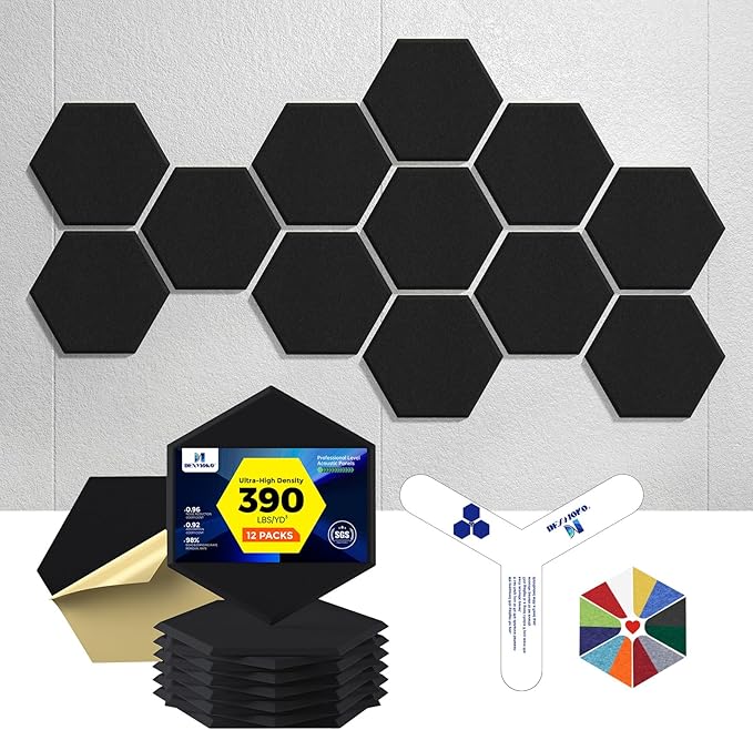 Self-Adhesive Acoustic Panels [390 lbs/yd³ Ultra-High Density], 2nd Generation Sound Absorbing Panel, Professional Level Sound Panel, Polyester Soundproof Foam [Size L, Black]