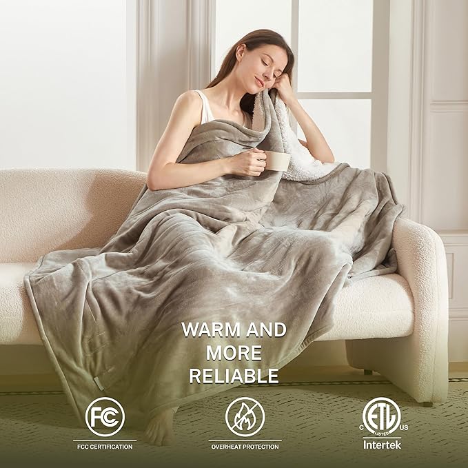 Heat Blanket 84”x90” Queen Size-Dual Control，Soft Flannel & Sherpa Electric Blanket with 10 Heat Settings,12 Timer Setting and 8 Hours Auto-Off,ETL Certified Machine Washable,Light Brown