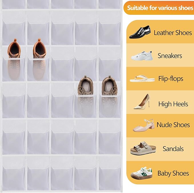 Over the Door Shoe Organizer, 40 Large Mesh Pockets Hanging Shoe Rack Organizer for Closet Behind The Door Storage Holder for Entryway Bedroom Dorm White
