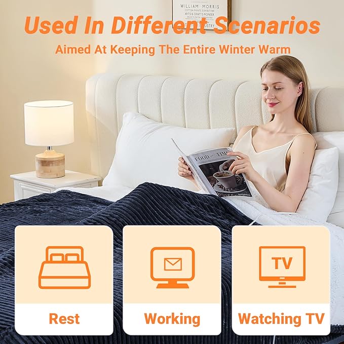 Heated Blanket Electric Full, Soft Flannel Heating Blanket with 8 Hours Auto Off 10 Fast Heating Levels Machine Washable Sherpa Heated Blanket with Overheating Protection