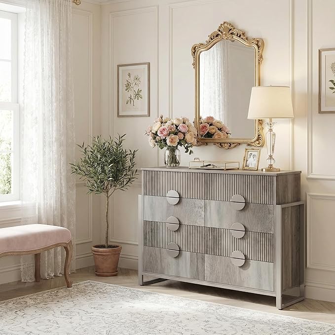 LGHM Fluted Dresser for Bedroom with 8 Drawers, Modern 8 Drawers Dressers with Semi-Cylindrical, Chest of Drawers Closet Organizers and Storage Clothes, 43" Tall Dresser with Bold Steel Frame, Gray