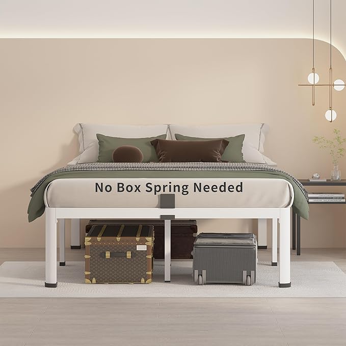 MAF 12 Inch Queen Metal Platform Bed Frame White with Round Corner Legs, Mattress Slide Stopper, 3000 LBS Heavy Duty Steel Slats Support, Noise Free, No Box Spring Needed, Easy Assembly