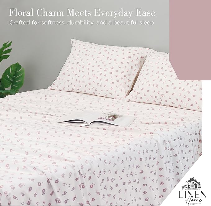 Linen Home 100% Cotton Printed Percale Sheets Queen Size, Deep Pocket, 4 Pieces Set - 1 Flat, 1 Deep Pocket Fitted Sheet and 2 Pillowcases, Crisp Cool and Strong Bed Linen, Mauve Silhouette Floral